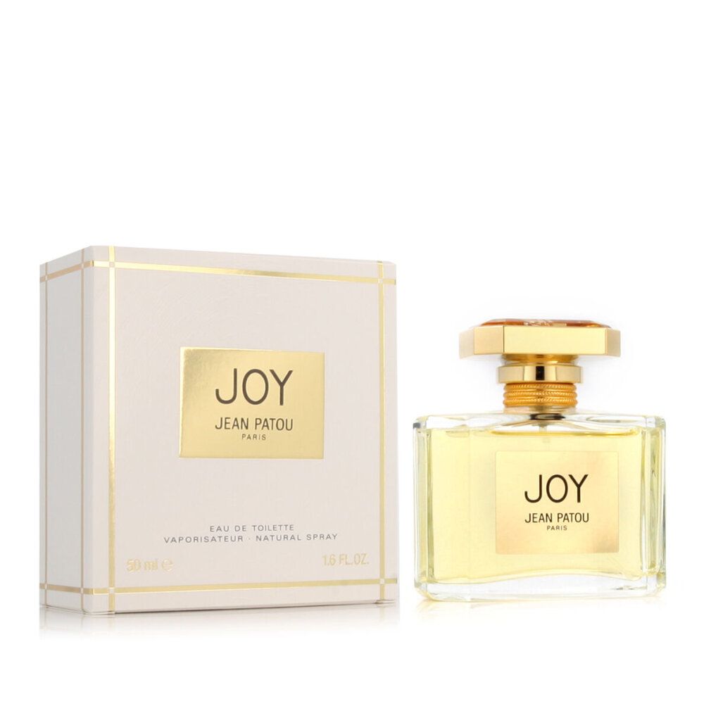 Jean Patou Joy E.d.T. Vapo. Flacone e confezione. Flacone rettangolare con tappo dorato. Confezione con "JOY" e "JEAN PATOU PARIS".