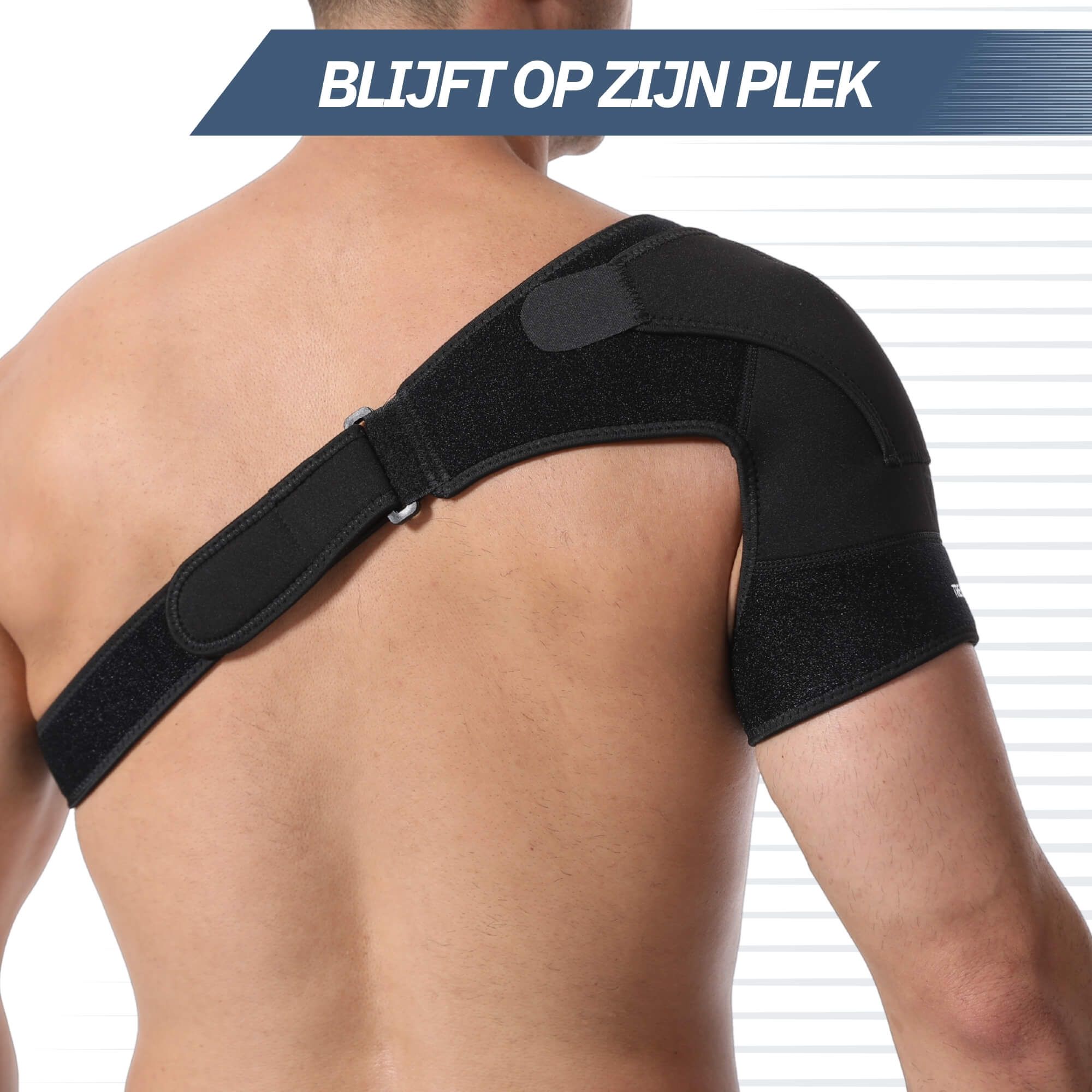 Uomo con tutore per spalla nero regolabile con velcro.