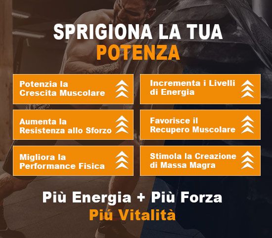 Sfondo arancione con testo. Testo: Più energia, più forza, più vitalità. Frecce e icone.