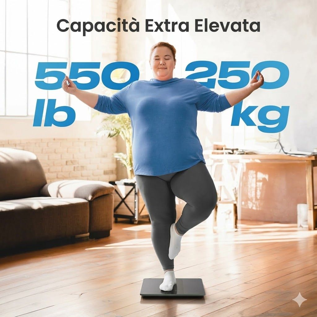 Bilancia digitale. Capacità: 550 lb / 250 kg. Persona in piedi sulla bilancia. Design nero.