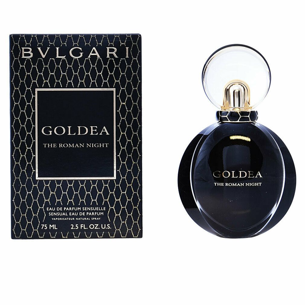Flacone e confezione neri. Scritta: Goldea The Roman Night. Marchio: Bvlgari. 75 ml.