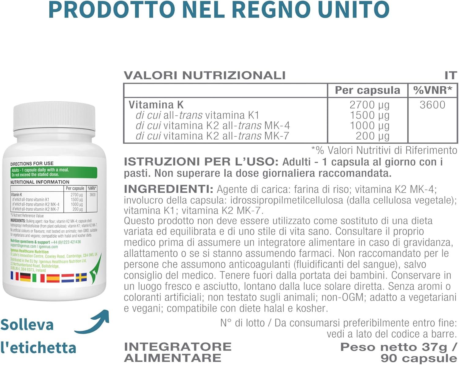 Primo piano di una mano che tiene una capsula Igennus Vitamin K Complex.