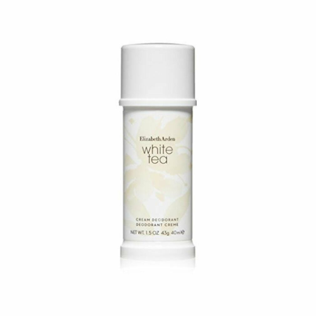 Stick crema deodorante bianco Elizabeth Arden. Coperchio e contenitore bianchi, motivo floreale e testo.