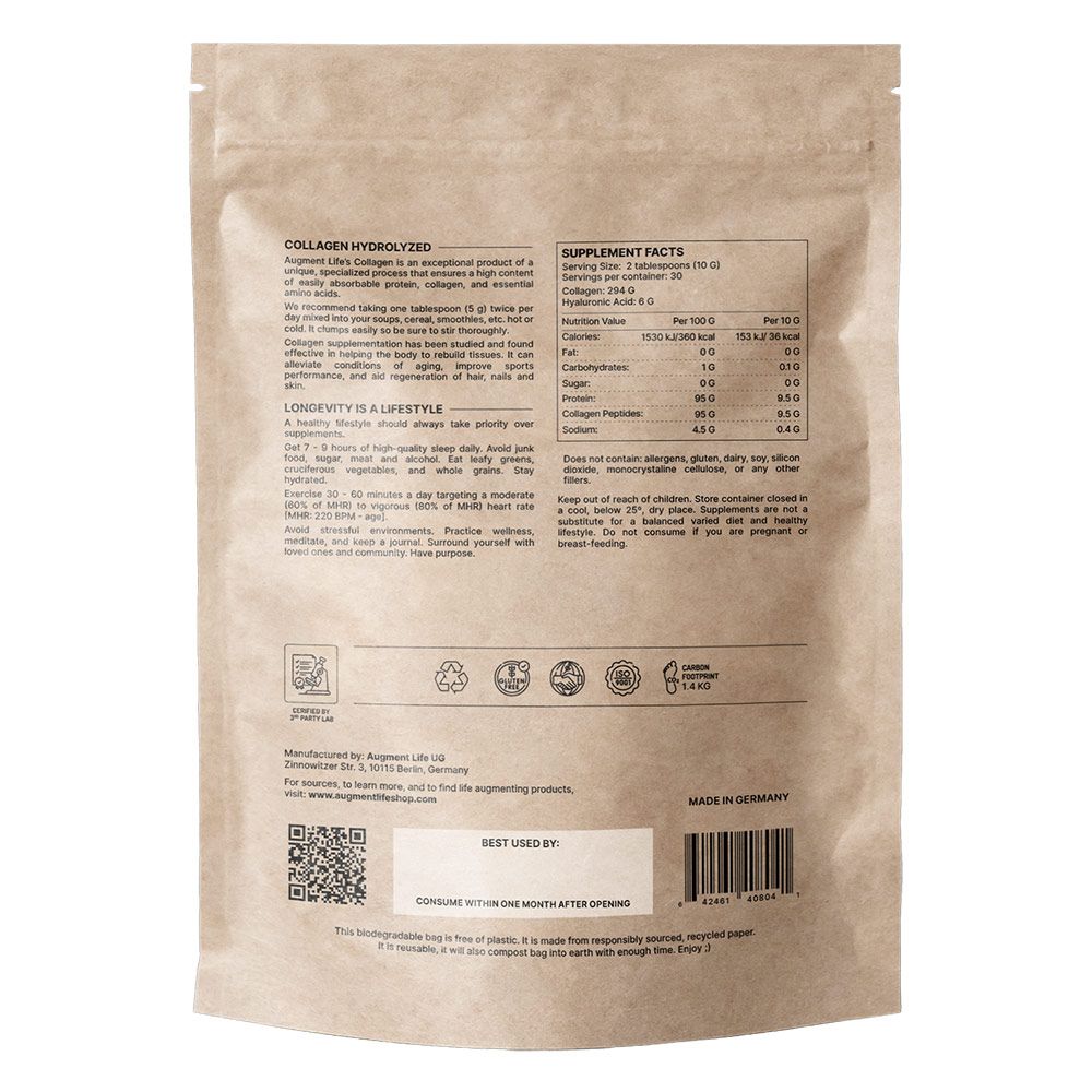 Sacchetto di carta marrone con polvere di collagene idrolizzato. Contiene informazioni nutrizionali e istruzioni.