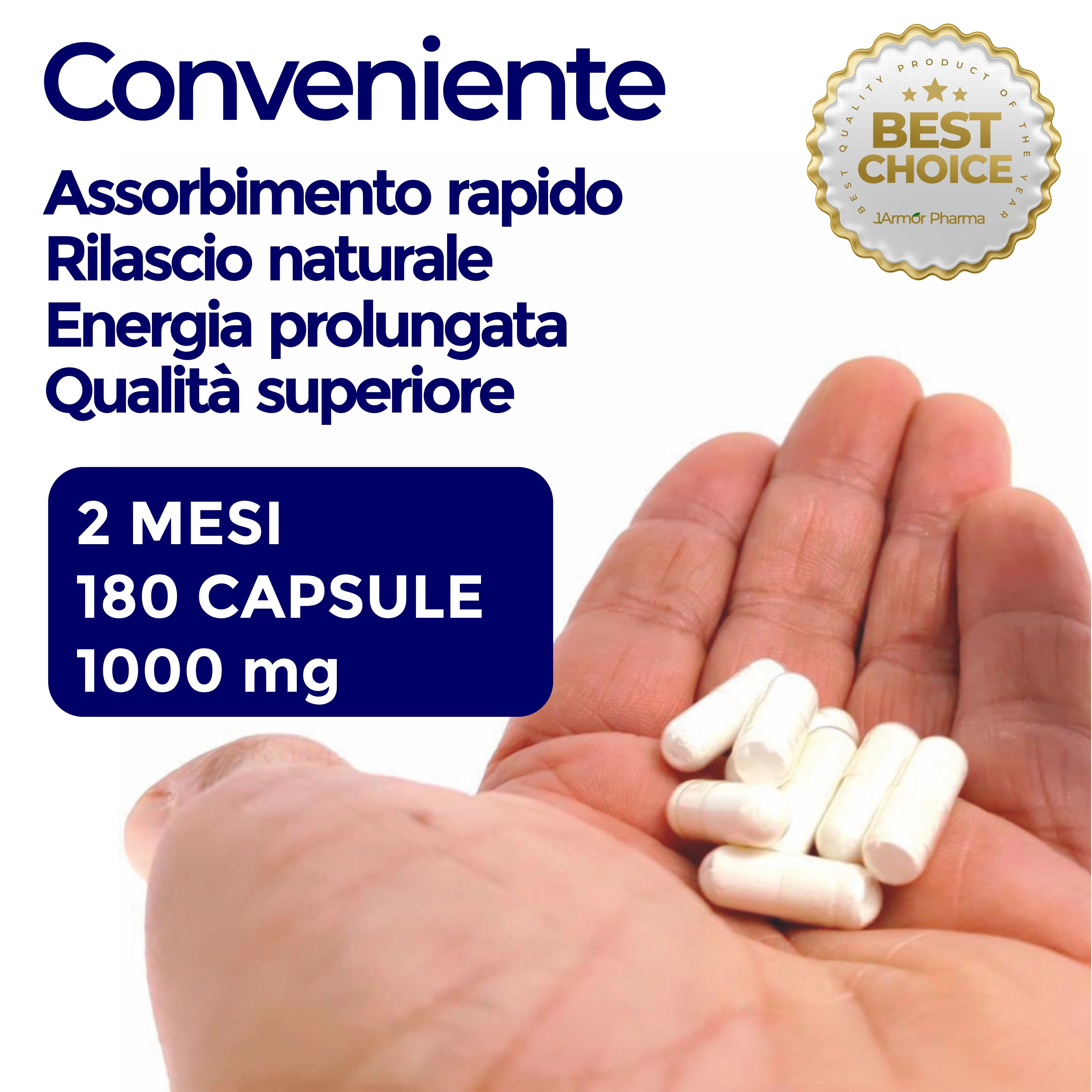 Mano con capsule bianche di Citrullina. Scritta: 180 capsule, 1000 mg. Sigillo Best Choice. Testo: Assorbimento rapido, rilascio naturale.