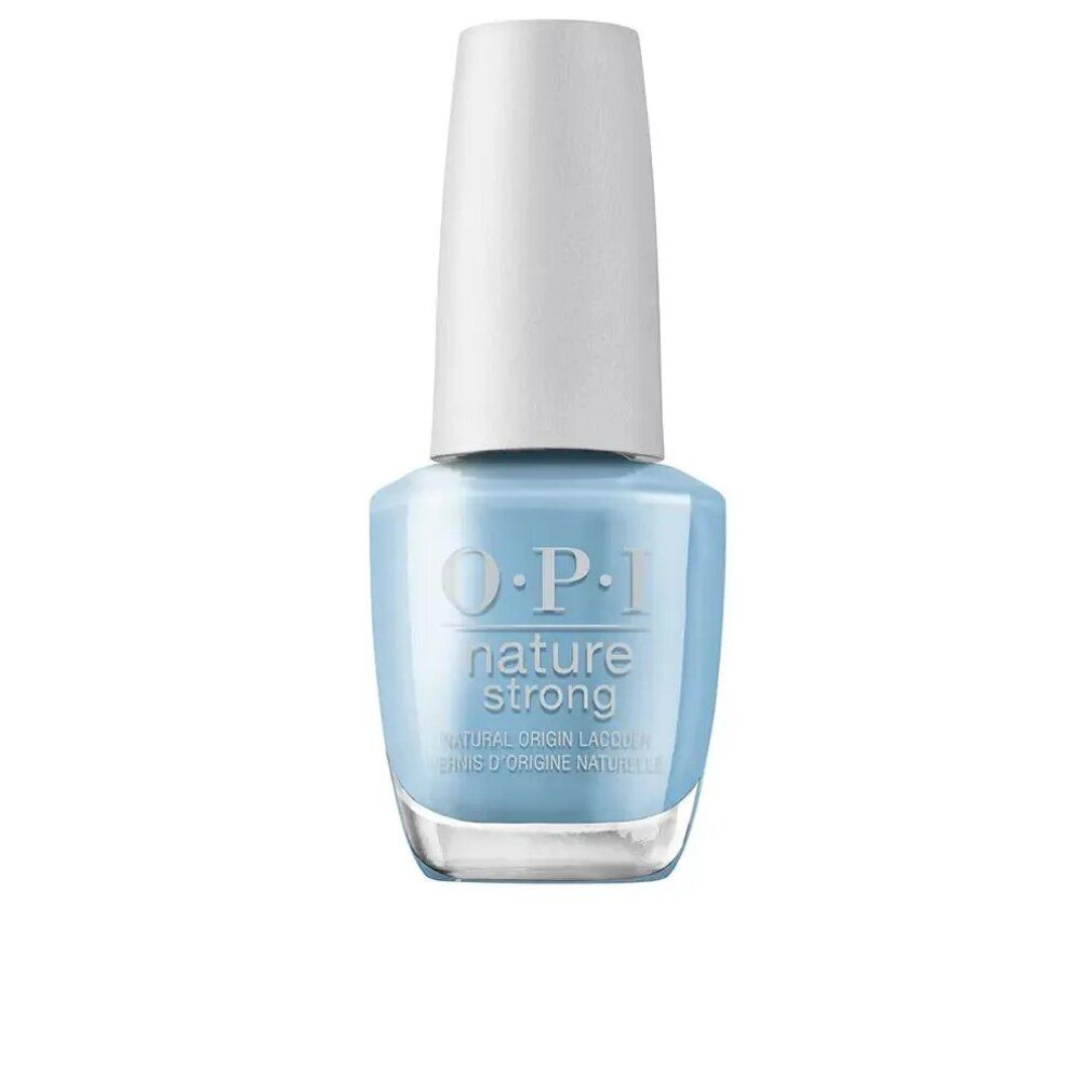 Flacone di smalto per unghie azzurro chiaro con tappo bianco. Scritta: O.P.I nature strong.
