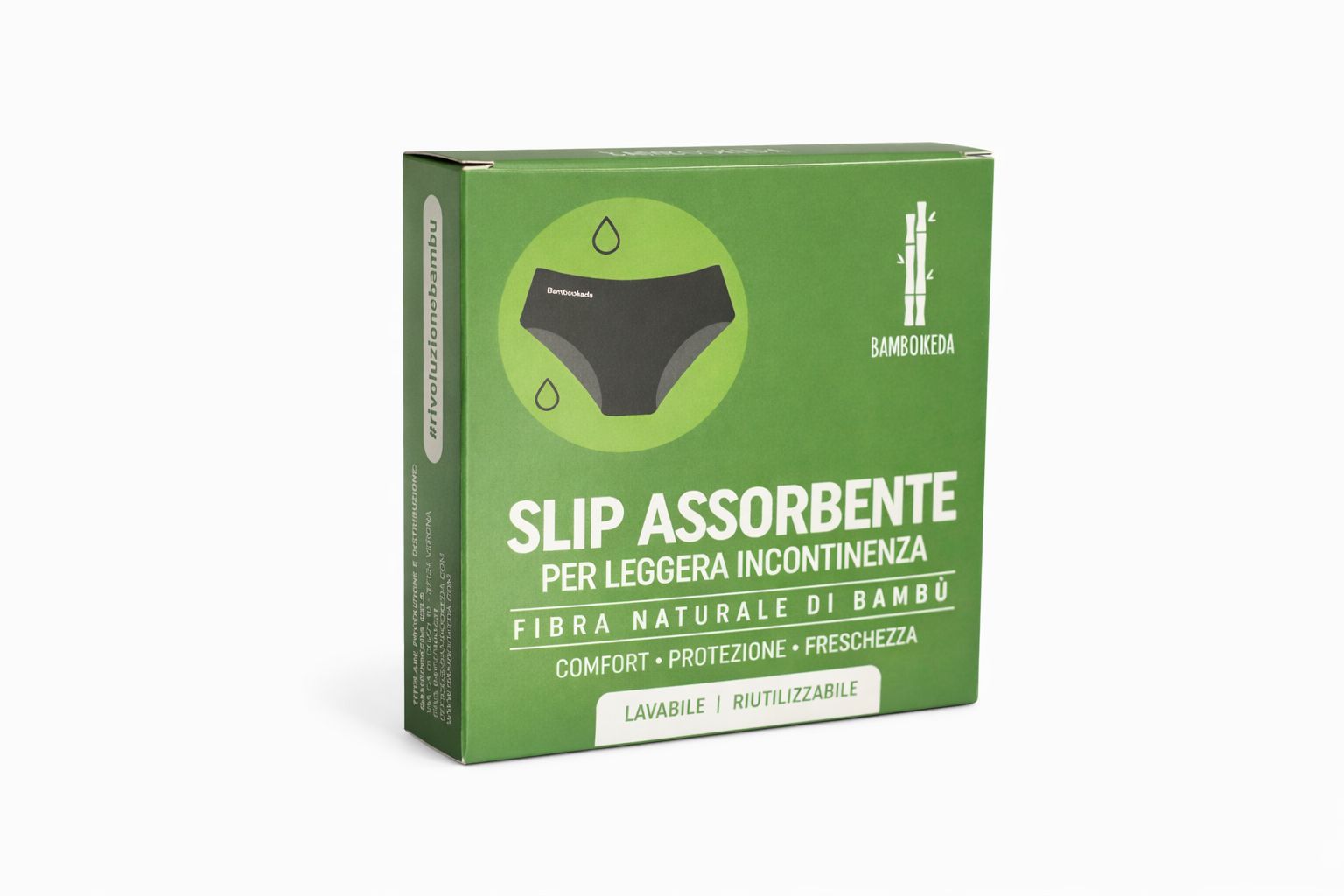 Confezione verde del prodotto "Slip Assorbente" per incontinenza leggera. Illustrazione di una mutandina nera. Testo: fibra di bambù, comfort, protezione, freschezza. Lavabile.