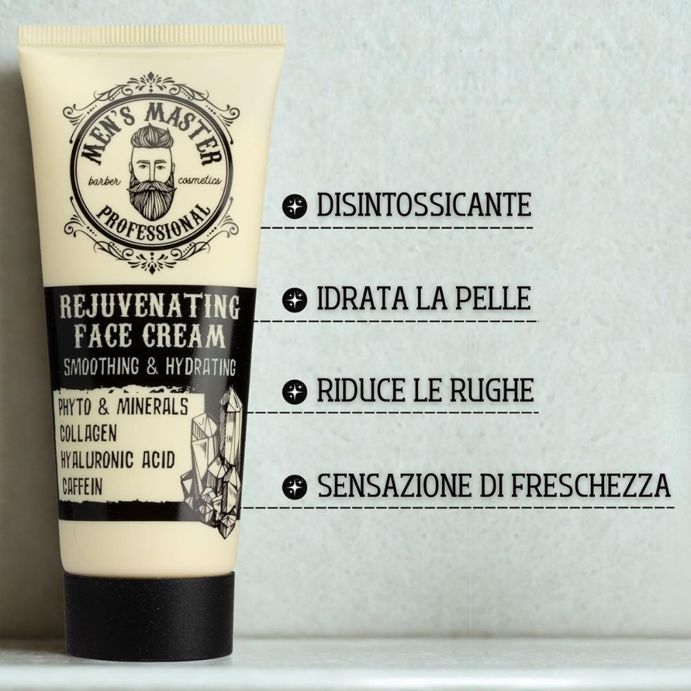 Tubo di crema. Scritto: Men's Master, Rejuvenating Face Cream. Contiene acido ialuronico, caffeina, collagene. Con icone.