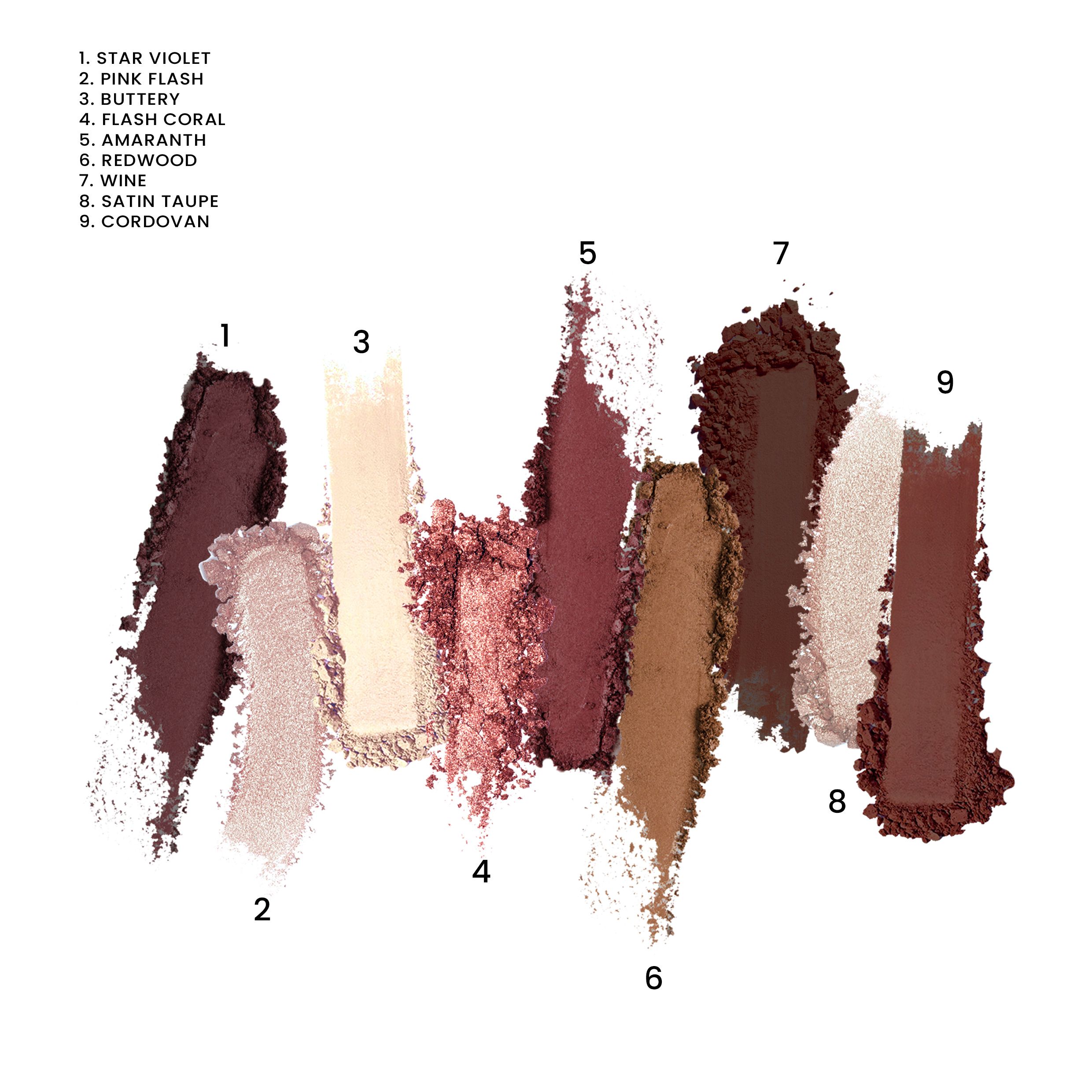 9 colori ombretto in tonalità rosa e marrone su sfondo bianco. Ogni colore è numerato e nominato.