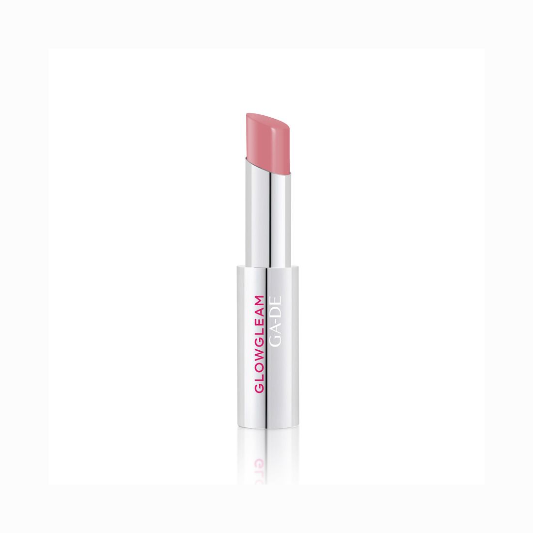 Rossetto aperto con stick rosa. Astuccio argentato con scritte GLOWGLEAM e GA-DE.
