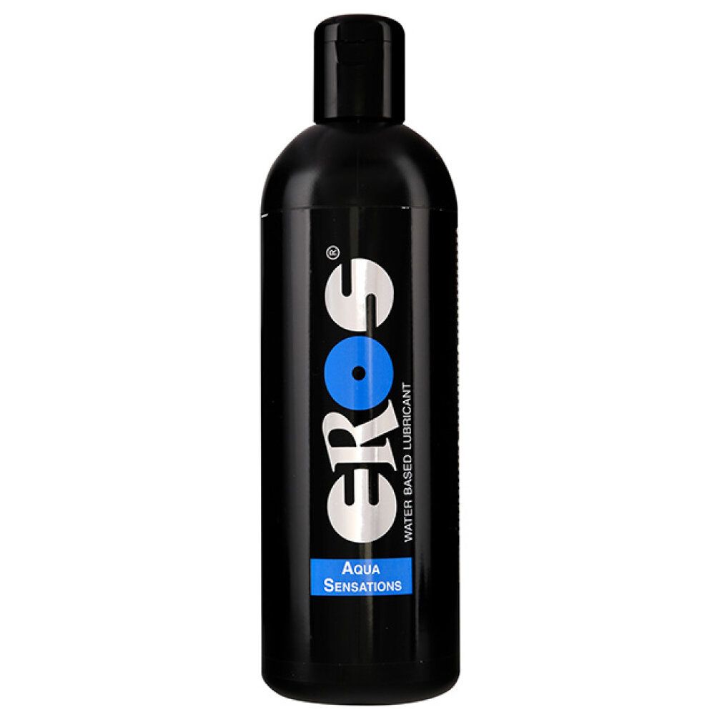 Flacone nero con logo "Eros" bianco e cerchio blu. Visibili anche "Aqua Sensations" e "Water Based Lubricant".
