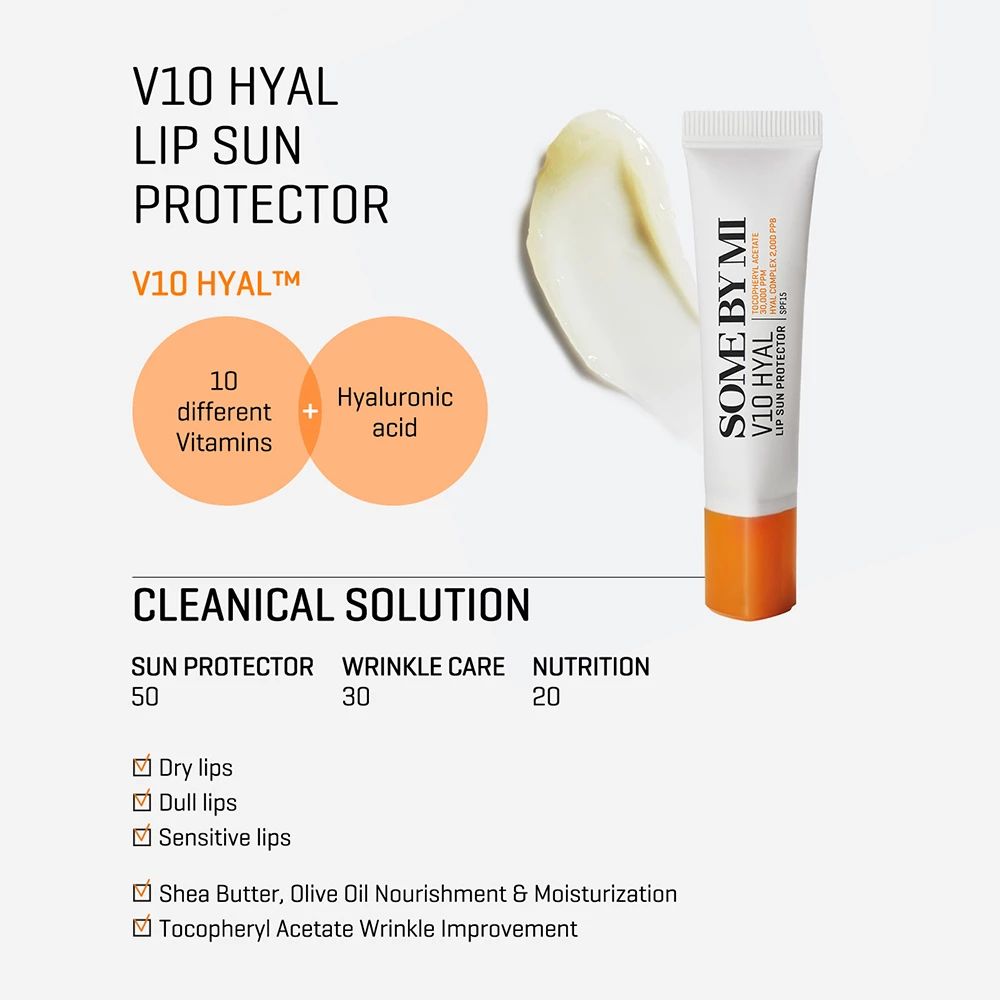 Immagine del prodotto con tubo e campione. Testo: V10 Hyal Lip Sun Protector, 10 vitamine + acido ialuronico, Sun Protector 50.