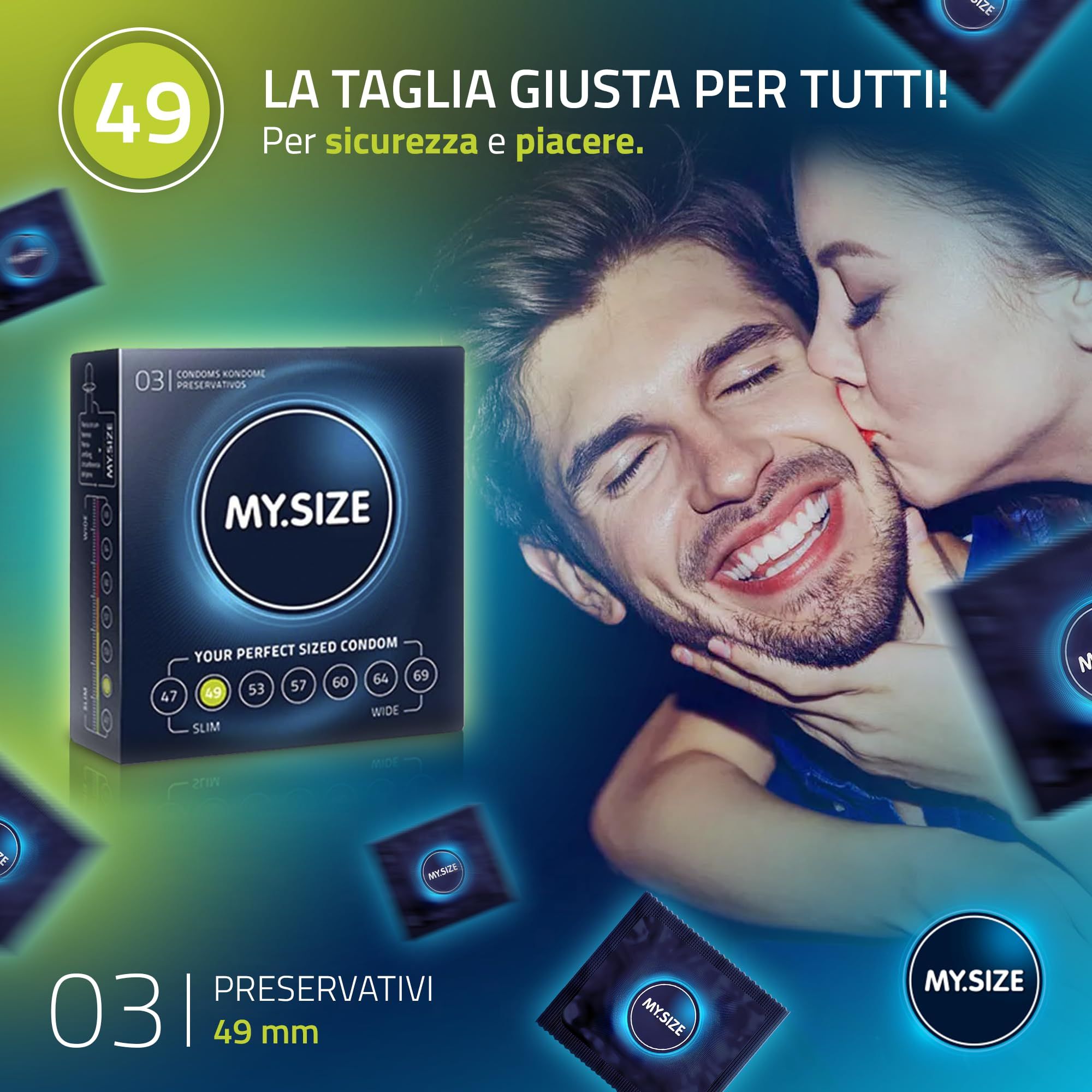 Confezione preservativi MY.SIZE 49, mostra panoramica taglie.
