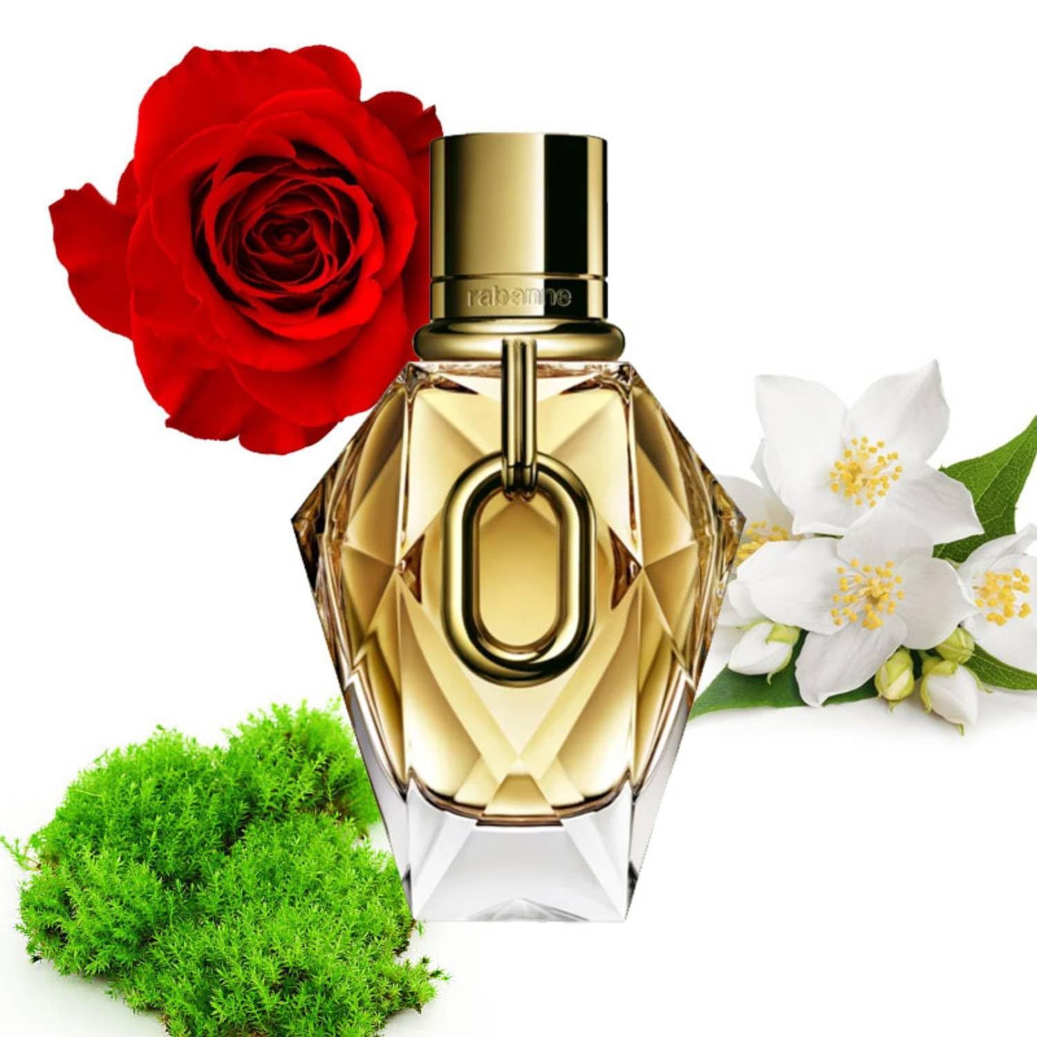 Flacone Paco Rabanne con tappo dorato. Decorazione con rosa, fiori di gelsomino e muschio. Flacone dorato.