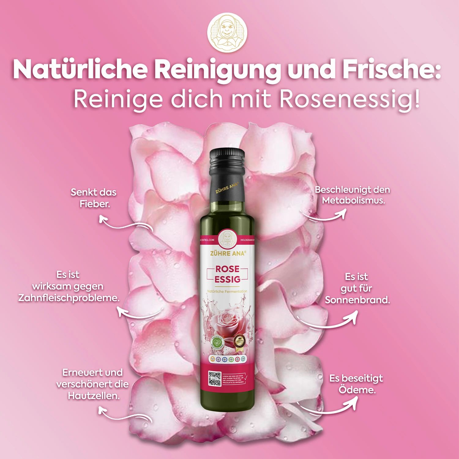 Bottiglia di aceto di rosa circondata da petali di rosa, con testo sui benefici.