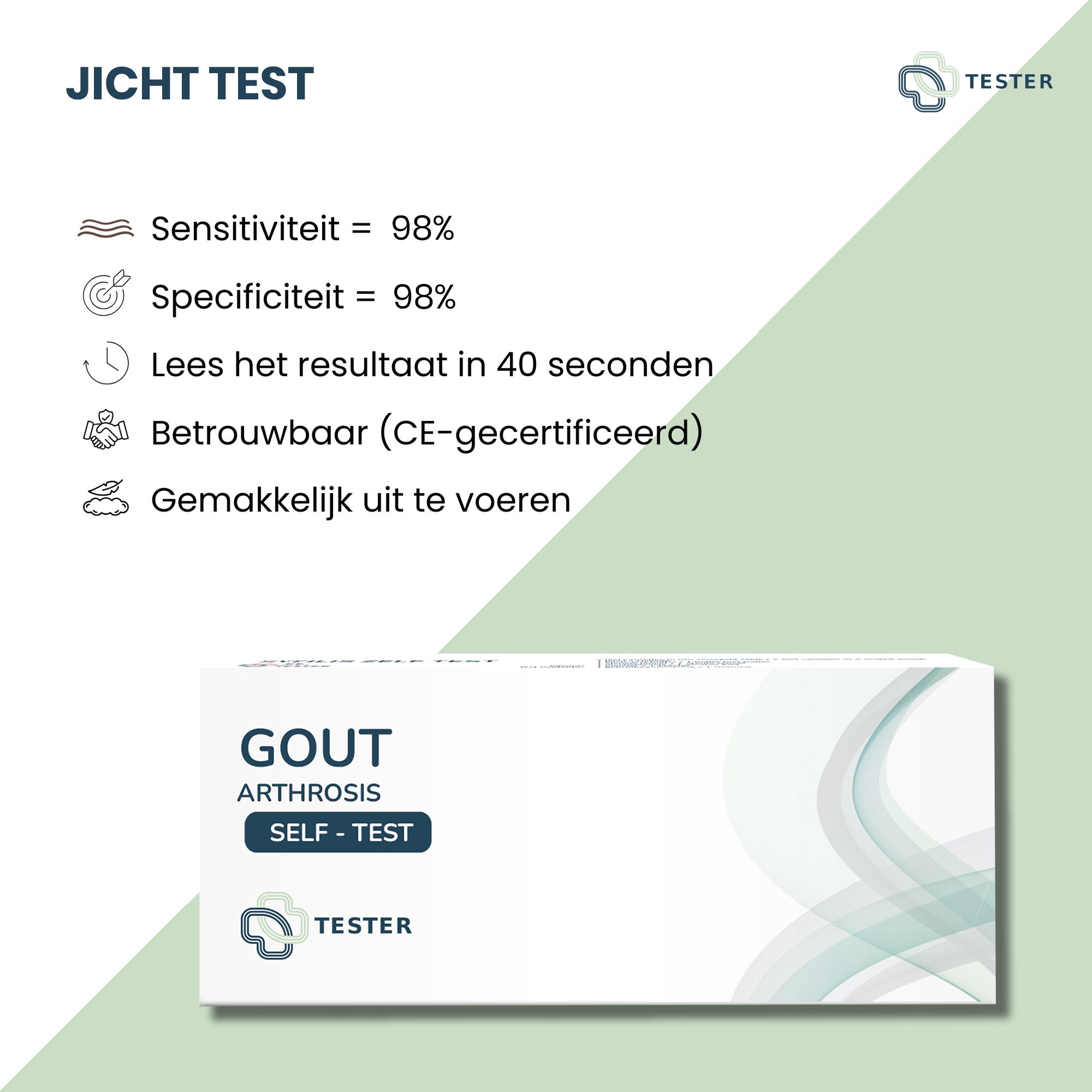 Testo con informazioni sull'autotest della gotta. Scatola con logo Tester.