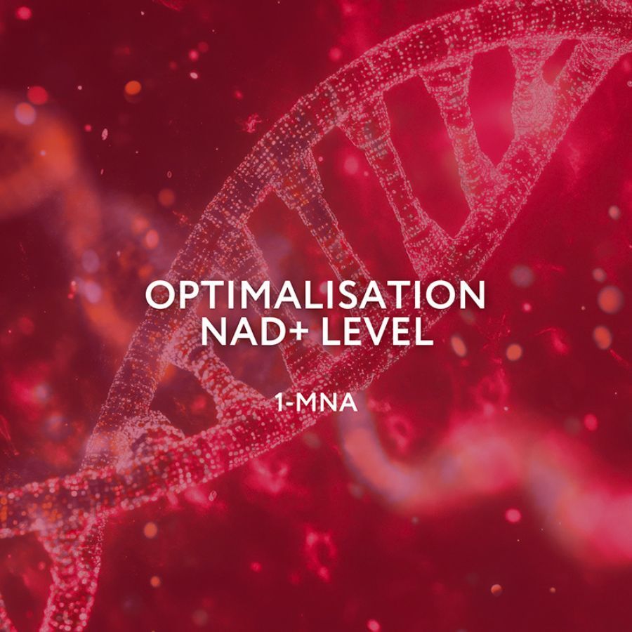 Testo: OTTIMIZZAZIONE LIVELLO NAD+, 1-MNA. Sfondo: immagine astratta rossa di una doppia elica di DNA.