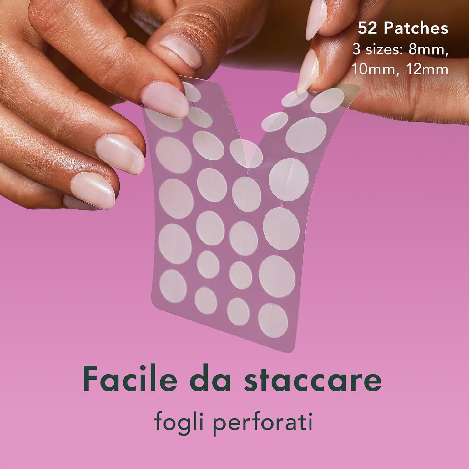 Fogli con 52 cerotti in 3 misure. I cerotti vengono staccati dalle mani. Scritta: Facile da staccare.