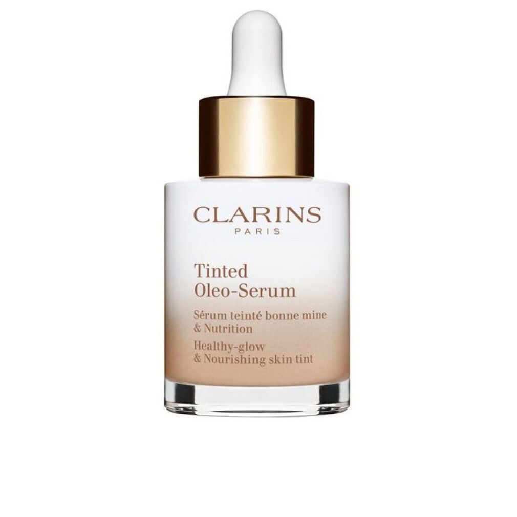 Flacone Clarins Tinted Oleo-Serum. Flacone in vetro sfumato bianco-marrone, tappo dorato e contagocce bianco.
