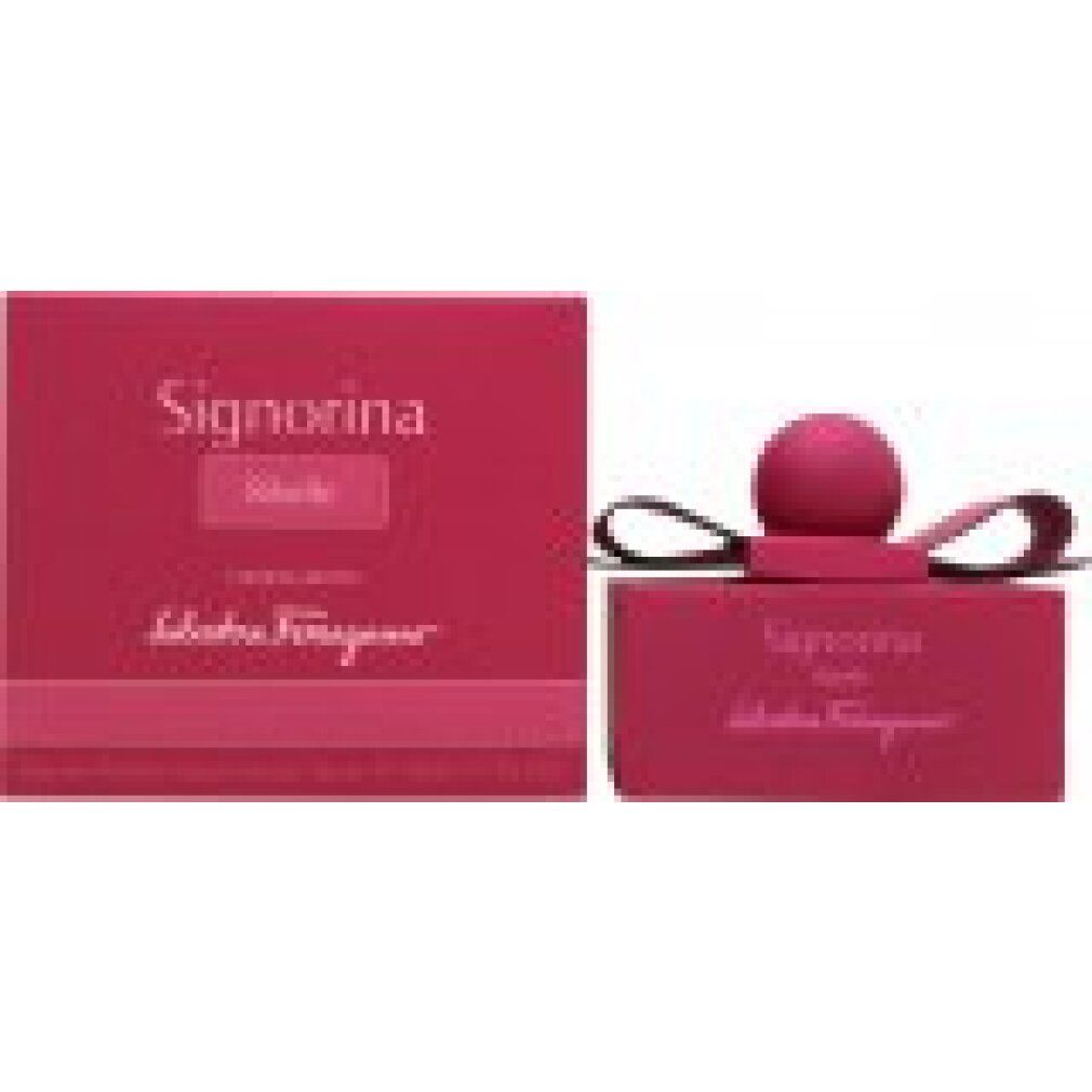 Flacone e confezione Salvatore Ferragamo Signorina Ribelle Eau de Parfum rosa. Flacone con fiocco e tappo sferico.