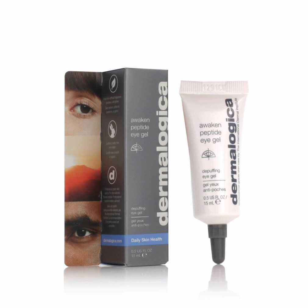 Confezione prodotto con tubo e scatola. Tubo: awaken peptide eye gel, Dermalogica. Scatola: immagini occhi, Dermalogica.