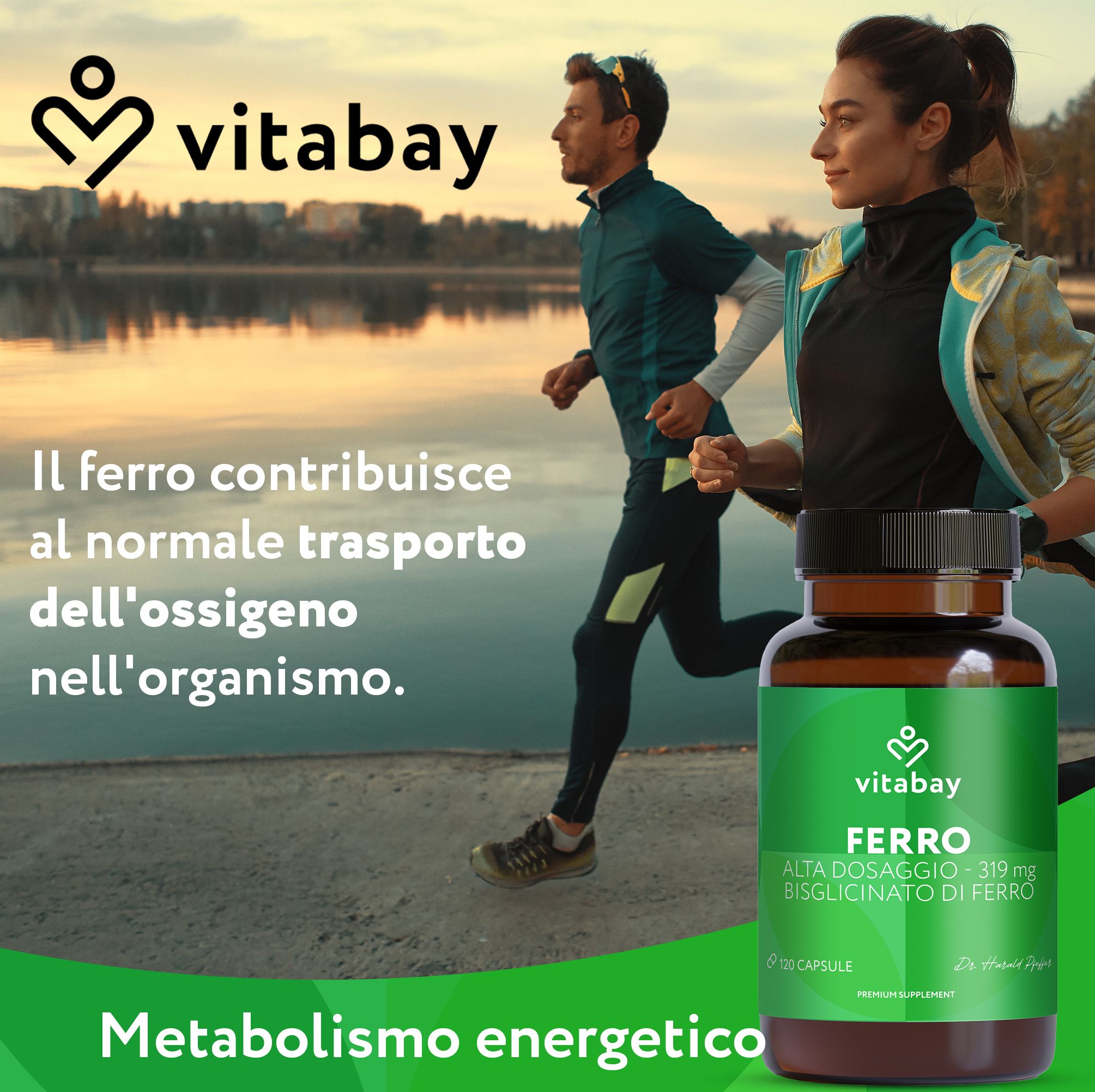 Coppia di corridori al lago. Il ferro Vitabay supporta il trasporto di ossigeno.