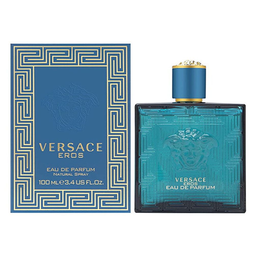 Flacone e scatola turchesi. Flacone quadrato, scatola rettangolare. Scritta: VERSACE EROS. Volume: 100 ml.
