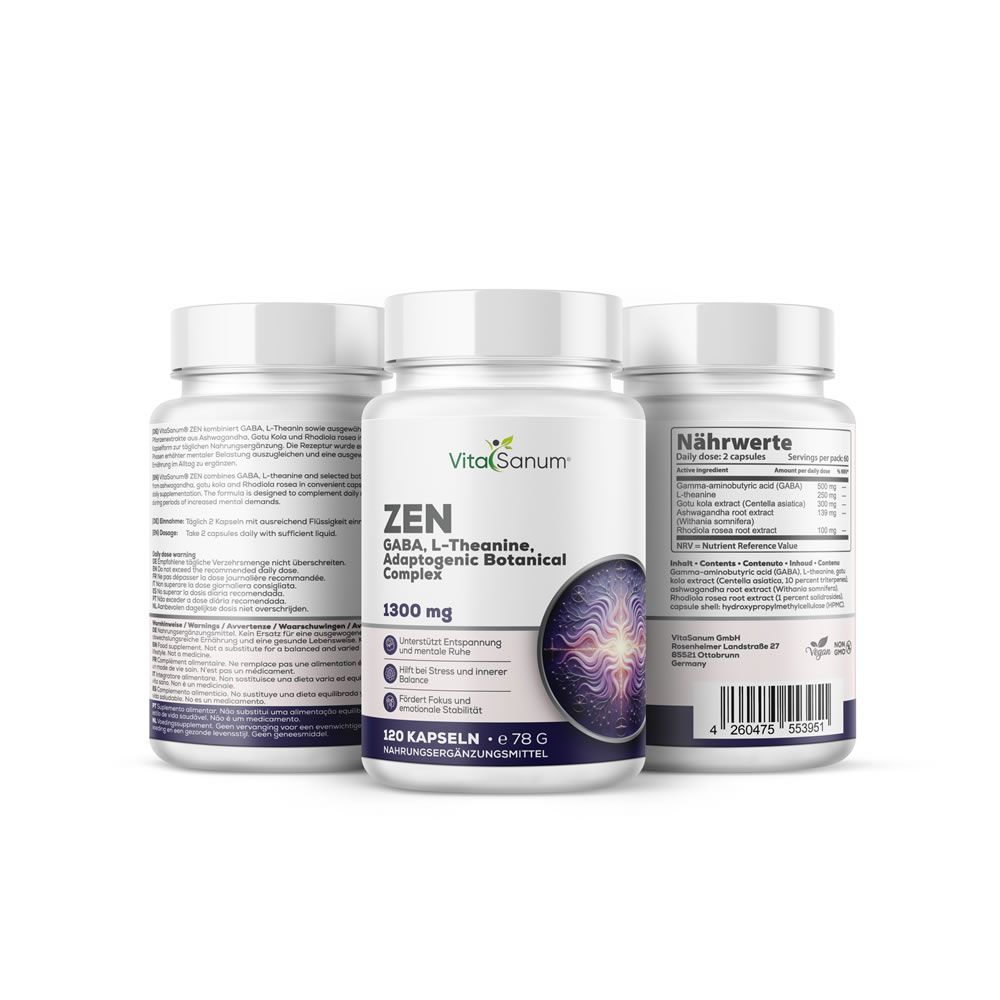 Tre flaconi VitaSanum ZEN 1300 mg. Flaconi bianchi con etichette. Scritta e illustrazione. 120 capsule.