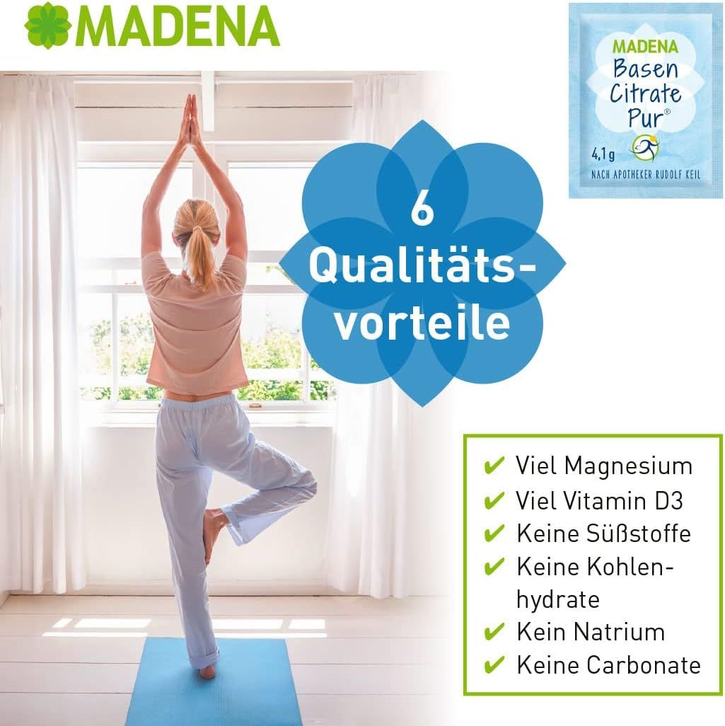 Donna in posa yoga. Bustina MADENA Basen Citrate Pur. 6 vantaggi di qualità: magnesio, vitamina D3, senza dolcificanti, carboidrati, sodio, carbonati.