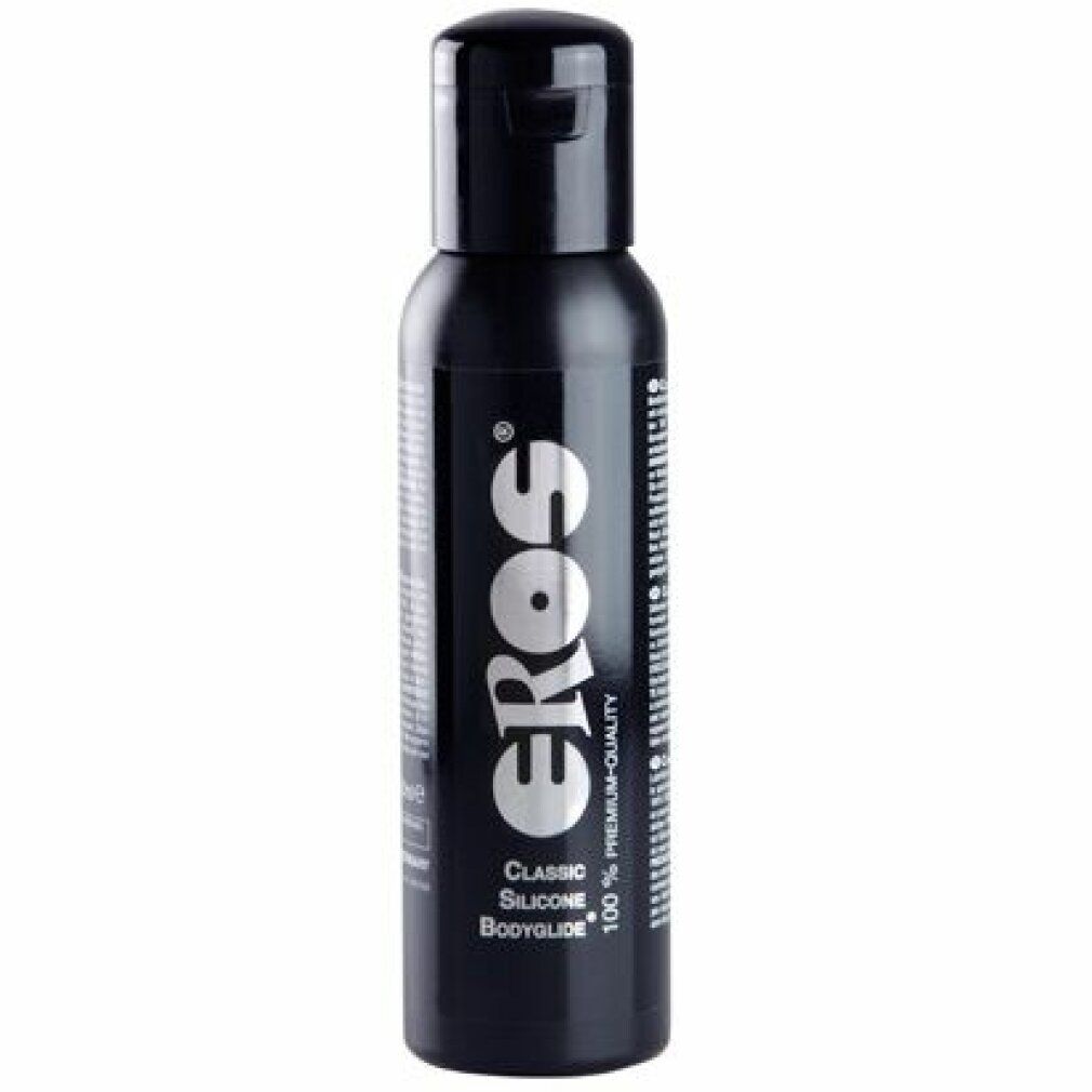 Flacone nero con tappo nero. Scritta: EROS, Classic Silicone Bodyglide, 100% Premium-Quality.