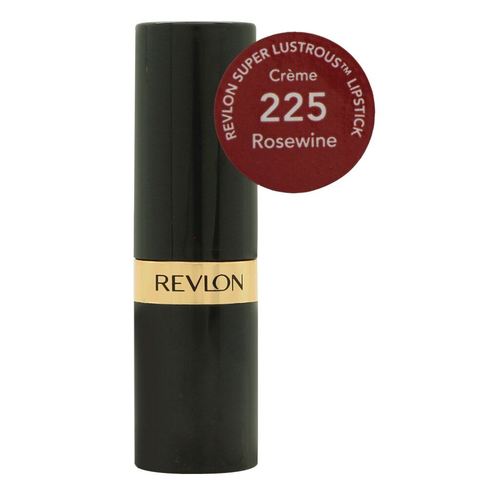 Rossetto chiuso con campione di colore. Stick nero con fascia dorata e logo Revlon. Tonalità Rosewine.