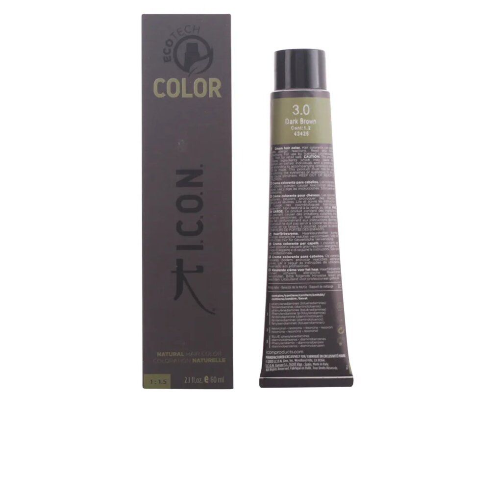 Tubo e confezione di tinta per capelli. Tubo con scritta 3.0 Marrone scuro. Confezione con logo e informazioni sul prodotto. I.C.O.N. COLOR.
