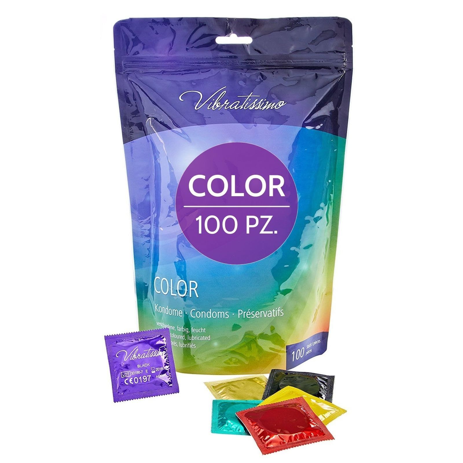 Preservativi Vibratissimo Color, 100 pezzi, con confezioni singole colorate.