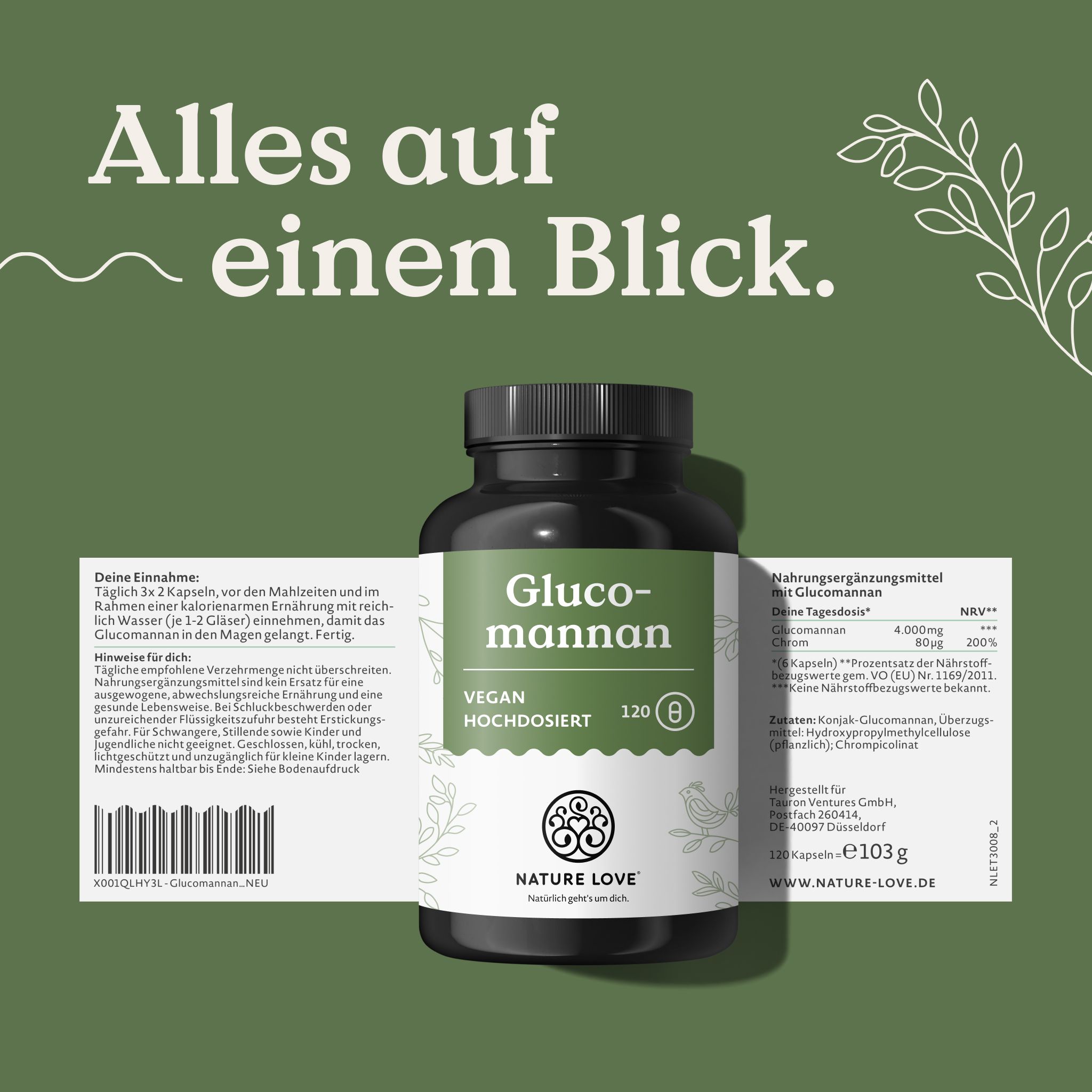 Flacone di capsule di glucomannano NATURE LOVE con informazioni dettagliate sul prodotto sulle etichette.