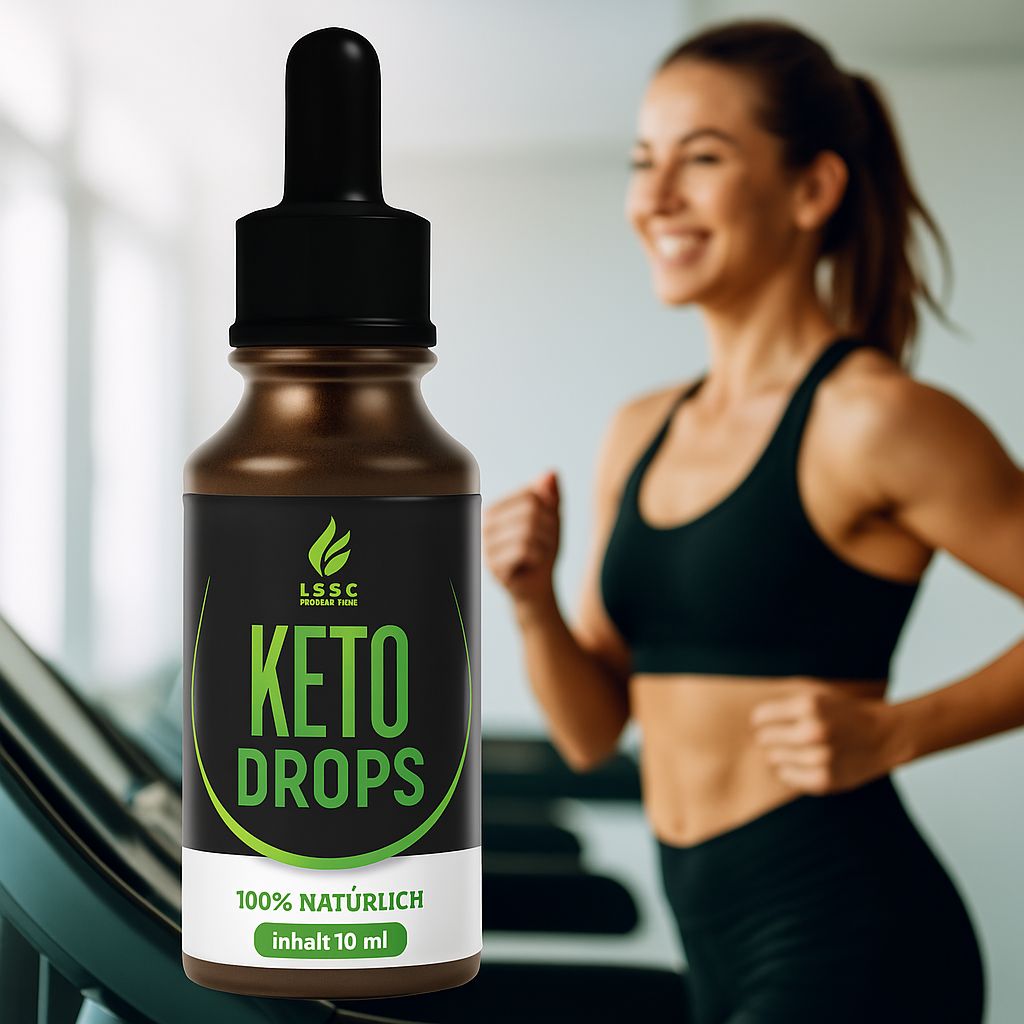 Flacone marrone con tappo nero e contagocce. Donna che corre sul tapis roulant. Etichetta "KETO DROPS".