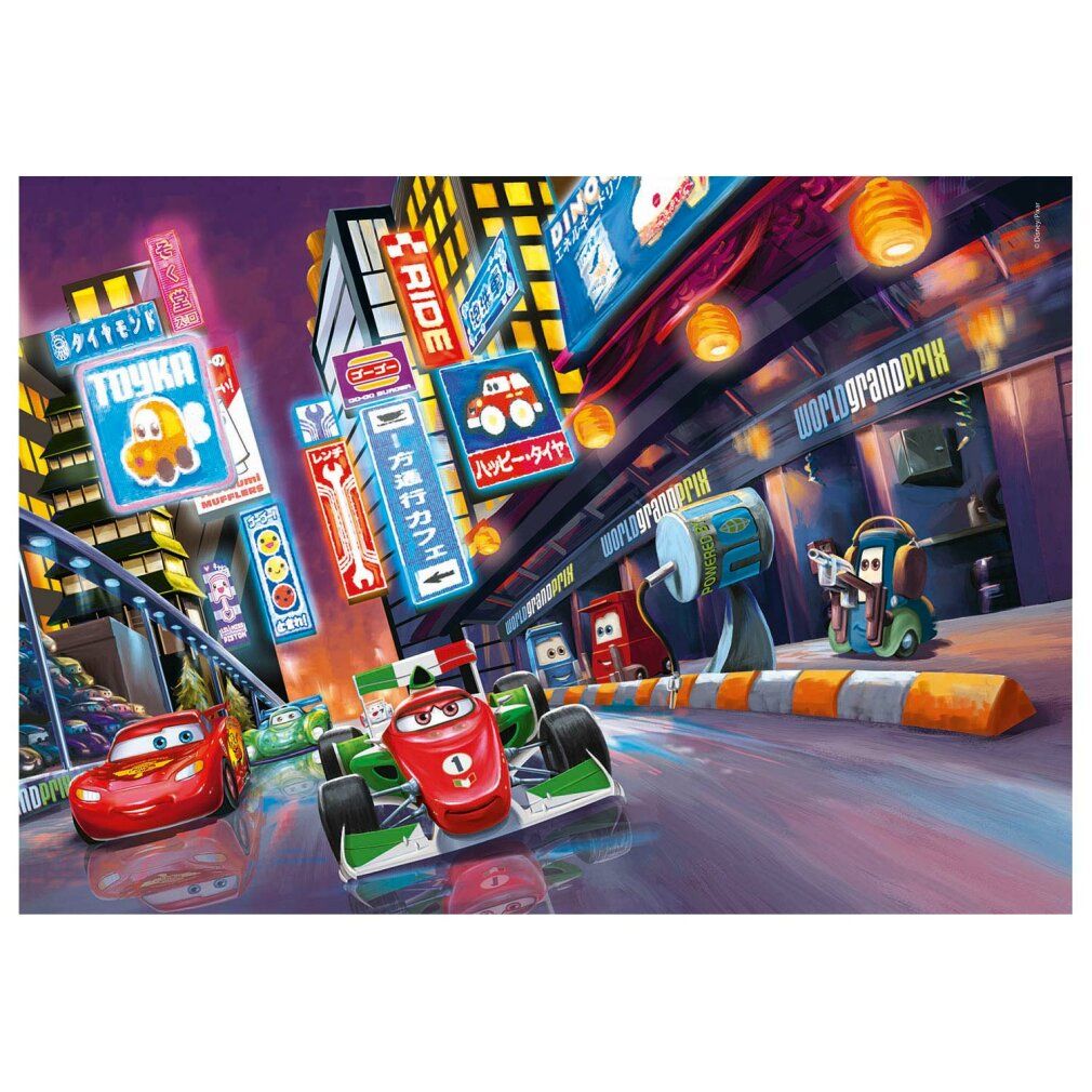Puzzle con motivo Cars. 60 pezzi. Scena con auto da corsa davanti a uno sfondo urbano. Insegne al neon. Logo Clementoni.