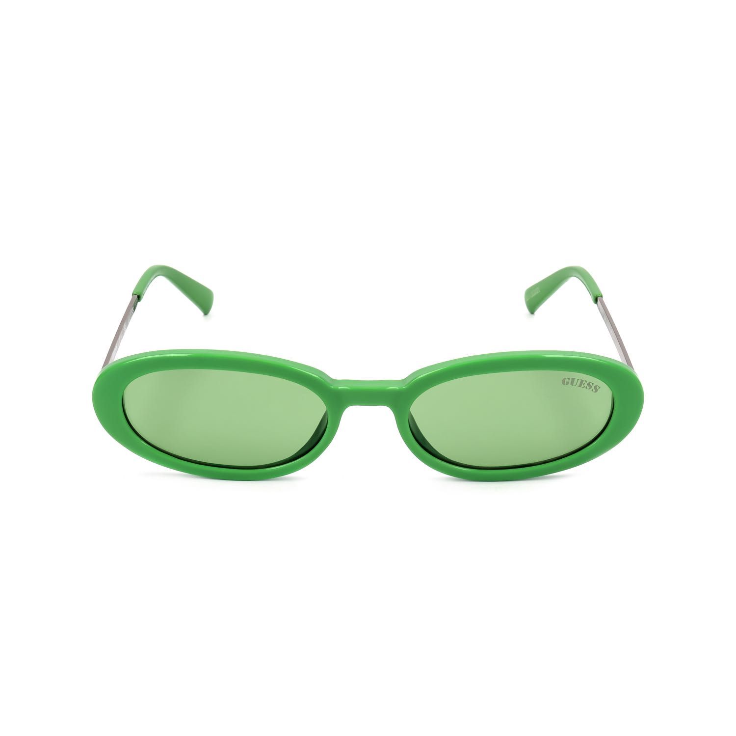 Occhiali da sole ovali verdi con aste argentate e lenti verde chiaro. Logo del marchio sul vetro.
