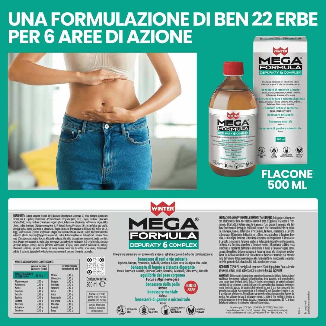 Donna con vita snella, flacone e confezione del prodotto "Mega Formula Depuraty 6 Complex".