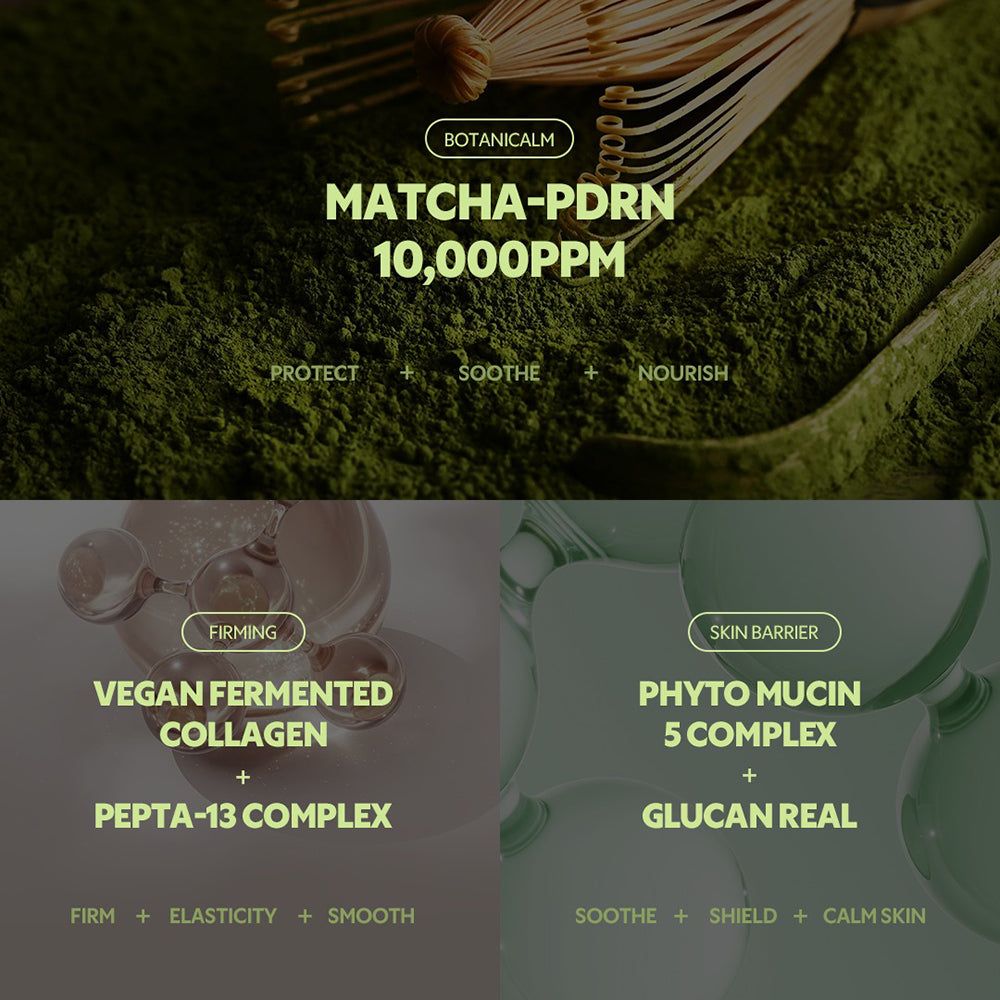Primo piano di polvere di matcha e frusta. Testo: Matcha-PDRN, 10.000 PPM. Contiene ingredienti come il collagene fermentato vegano.