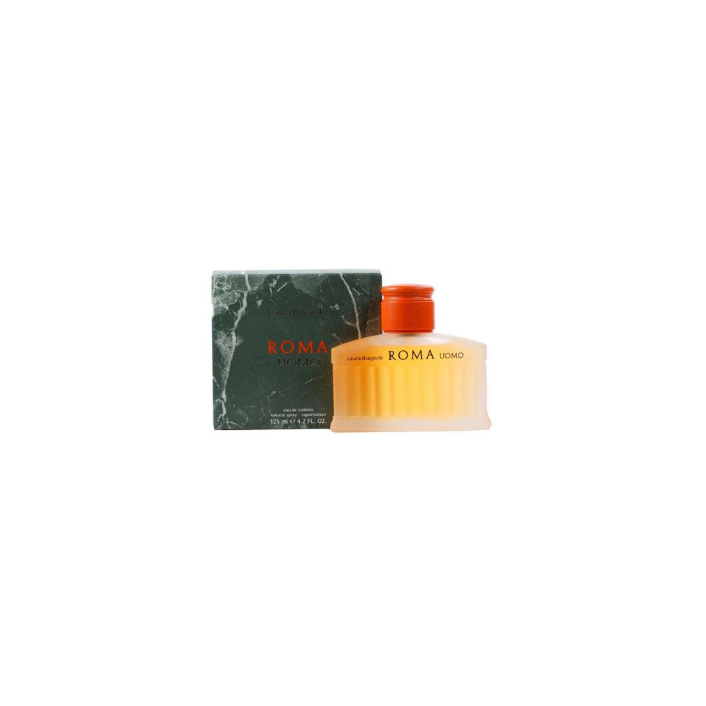 Flacone di profumo con tappo marrone e scatola. Scritta: ROMA UOMO. Flacone e scatola affiancati.