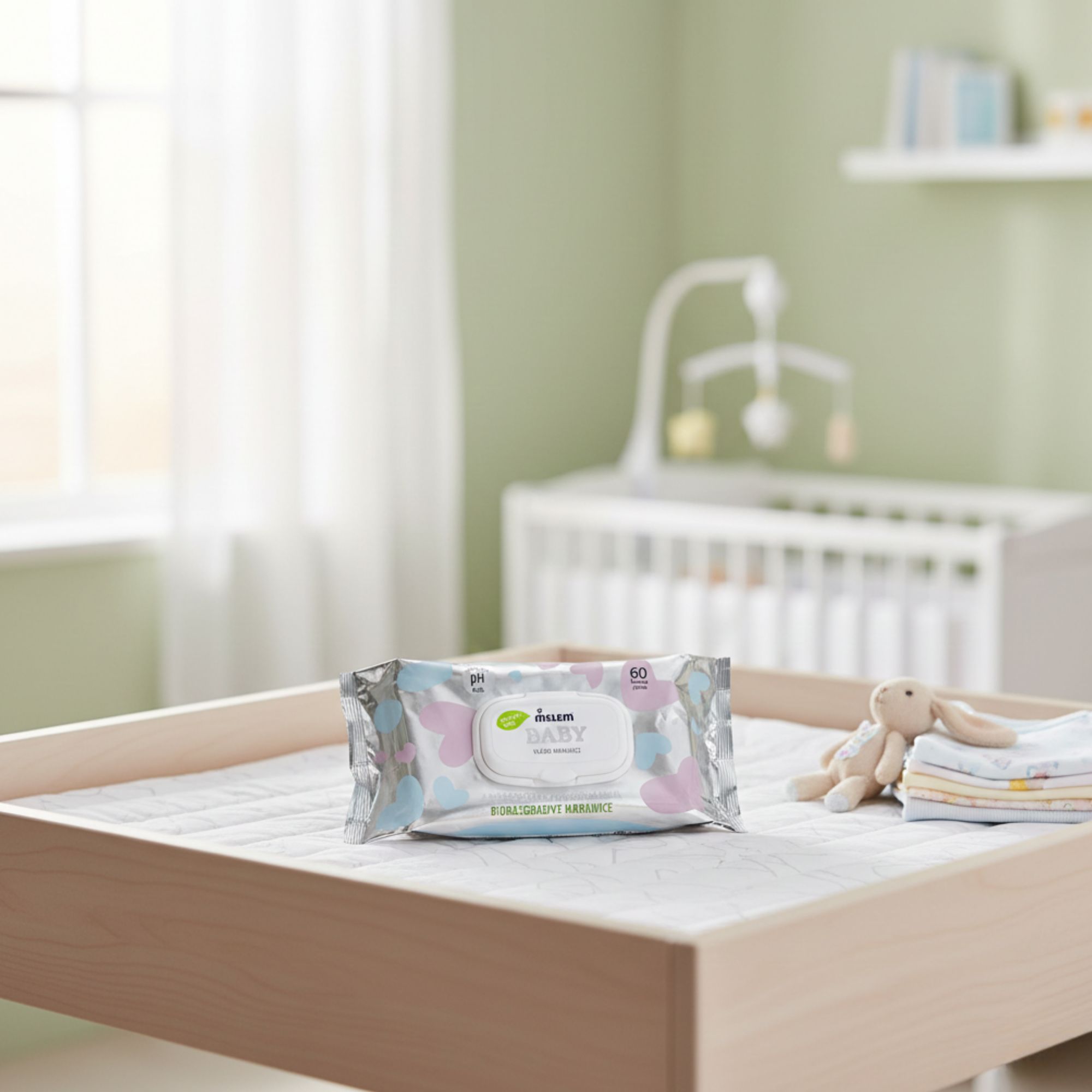 Confezione di salviette su fasciatoio. Culla e giocattoli sullo sfondo. Scritta: Melem Baby.