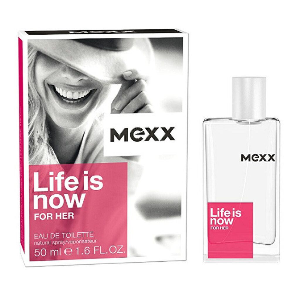 Mexx Life is Now Eau de Toilette Spray da donna, flacone 50ml e confezione.