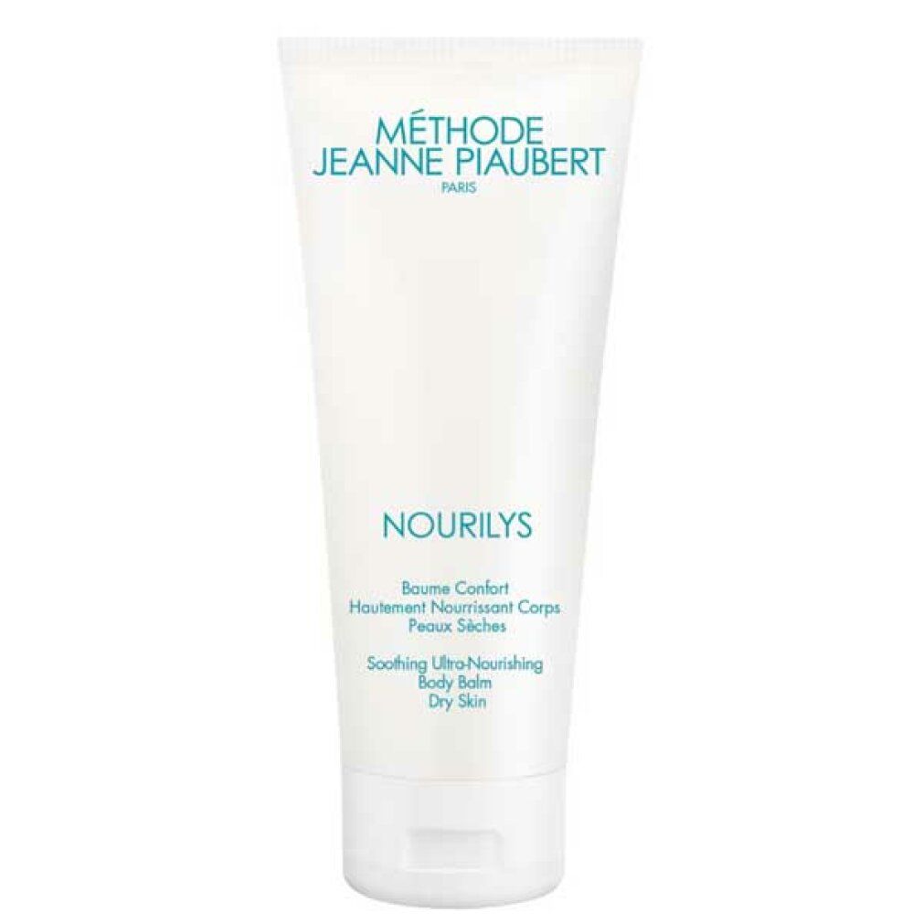 Tubo bianco con scritta NOURILYS, Baume confort, Peaux sèches. Marchio Jeanne Piaubert.