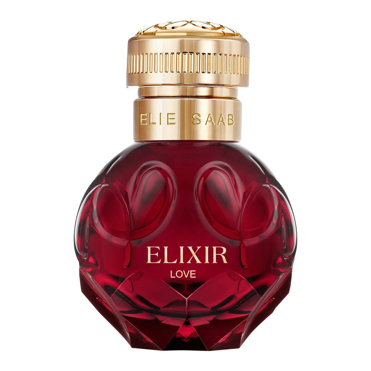 Elie Saab Elixir Love Eau de Parfum Spray. Flacone rosso con tappo dorato. Scritta Elixir Love.