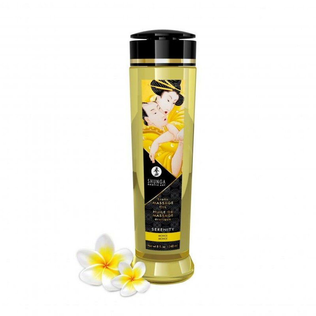 Flacone giallo con tappo nero. Etichetta con illustrazione. Testo: SHUNGA, Massage Oil, Serenity. Due fiori.