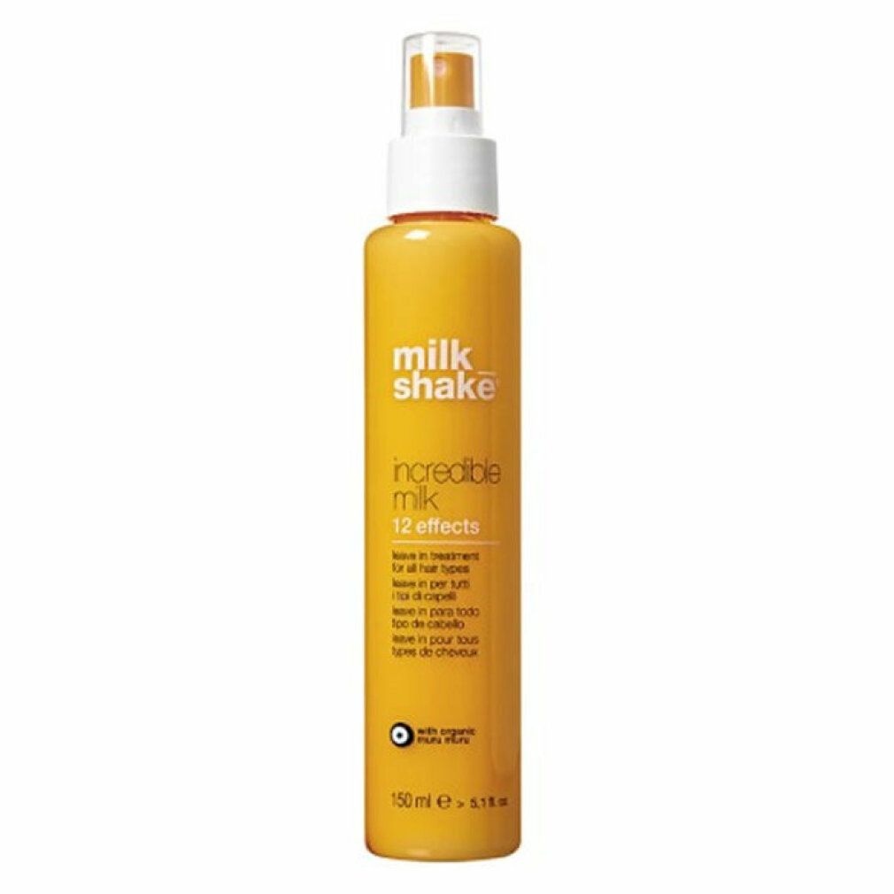 Flacone giallo con spruzzatore. Scritta: milk_shake incredible milk 12 effects. Testo in inglese, tedesco, italiano, spagnolo e francese. 150 ml.