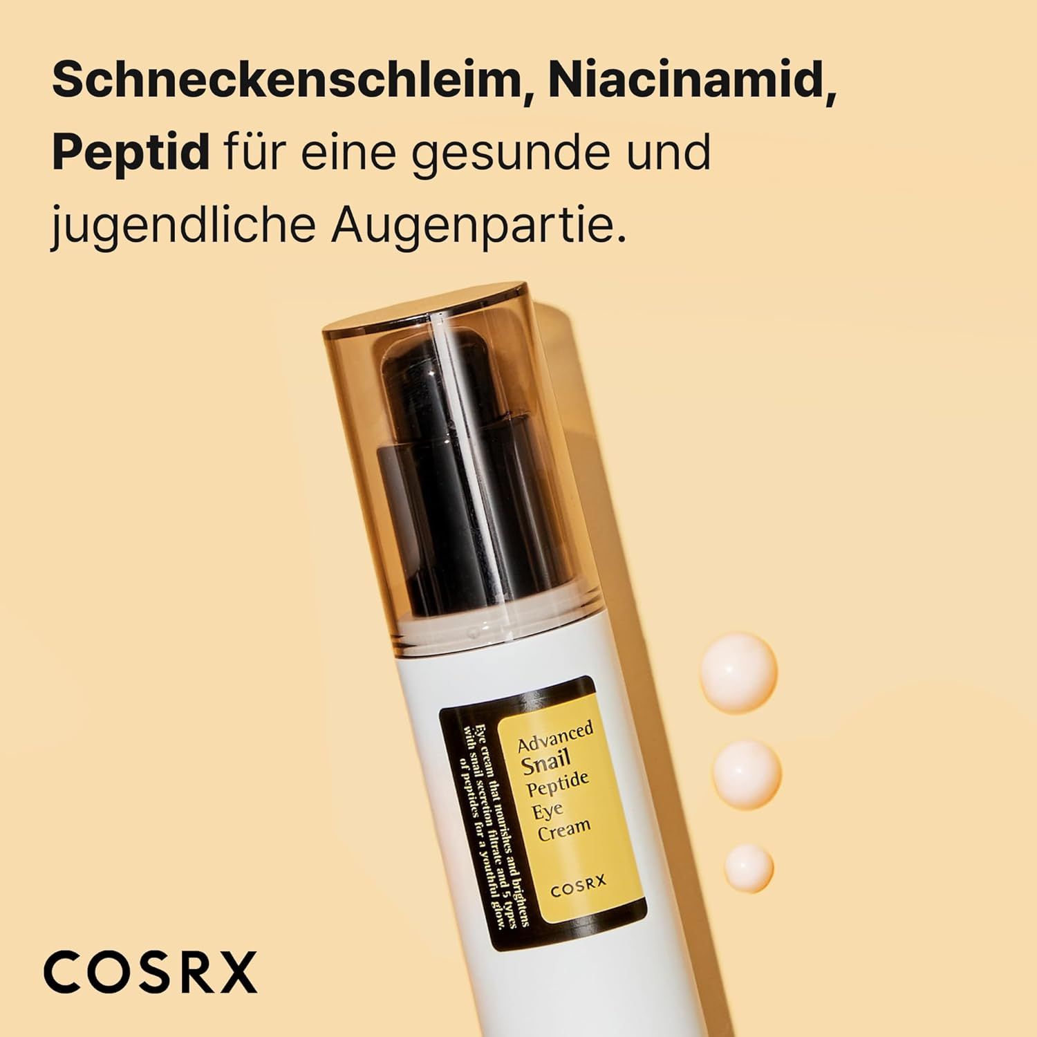 Flacone spray COSRX Advanced Snail Peptide Eye Cream con pompa nera e tappo trasparente.