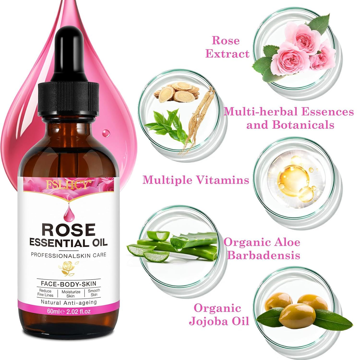 Flacone di vetro marrone con siero e contagocce. Scritta: Rose Essential Oil. Ingredienti: estratto di rosa, vitamine, oli.