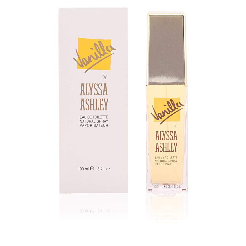 Flacone e scatola. Scritta: Vanilla by Alyssa Ashley. Eau de Toilette Natural Spray Vaporisateur. 100 ml.
