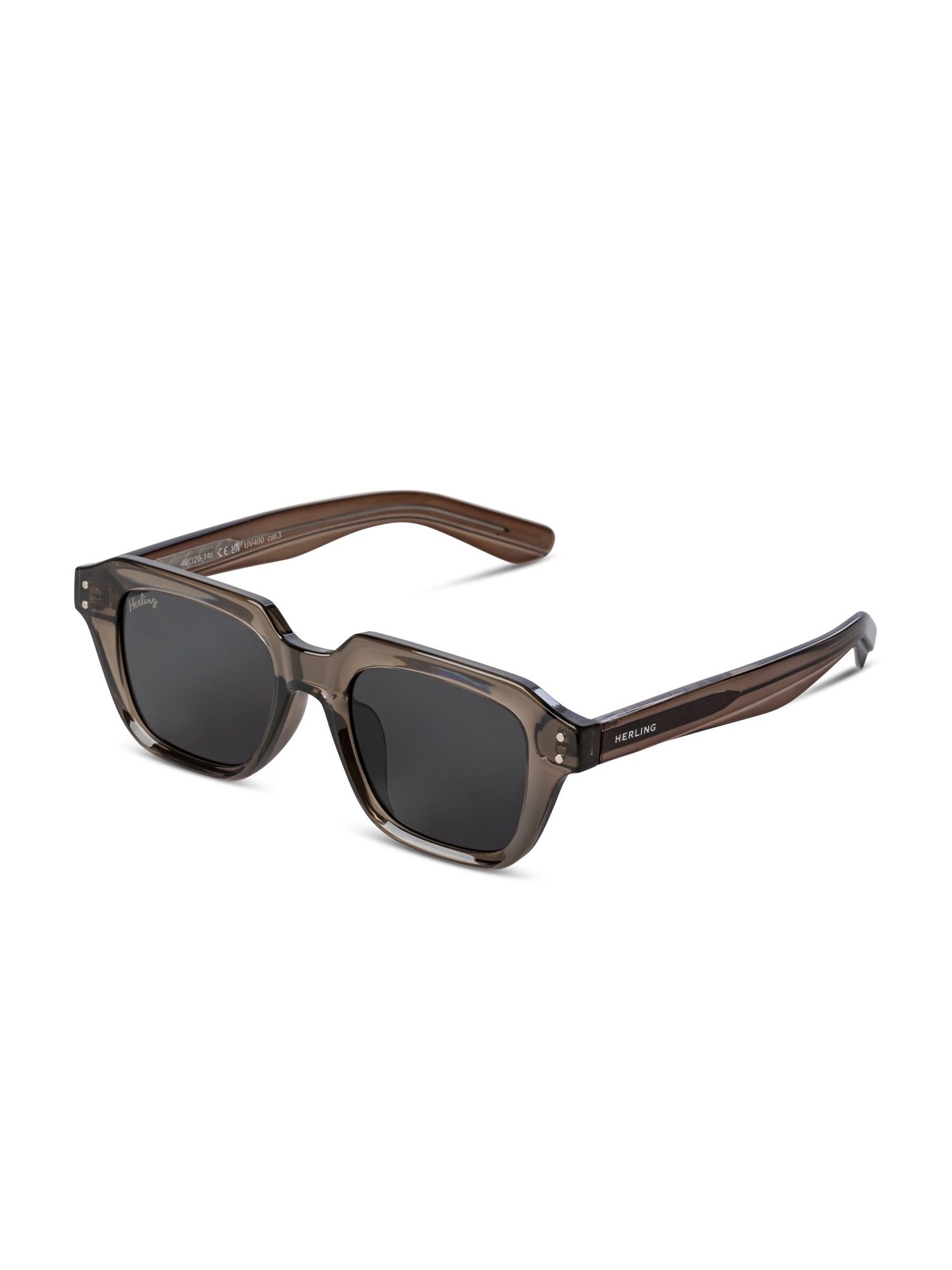 Occhiali da sole Soft Taupe Grey Herling. Lenti rettangolari, montatura marrone chiaro. Logo Herling sull'asta.